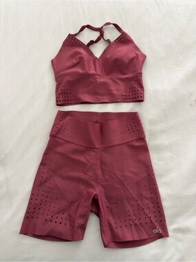 ALO Yoga Rose-Mauve Laser-Cut Sports Bra & High-Waist Shorts Set